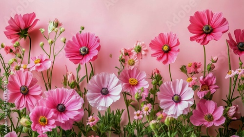Blossoming Pink Flowers Frame a Textured Grey Background for a Delicate Natur...