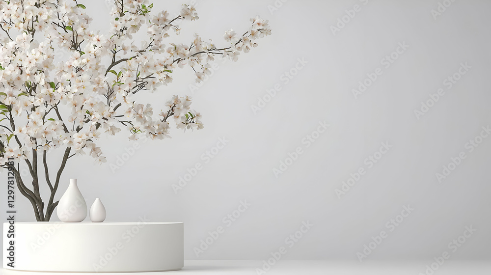 Elegant Cherry Blossom Arrangement on Modern White Display Stand Elegant Cherry Blossom Arrangement on Modern White Display Stand