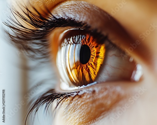 Close-up amber eye, eyelashes, skin