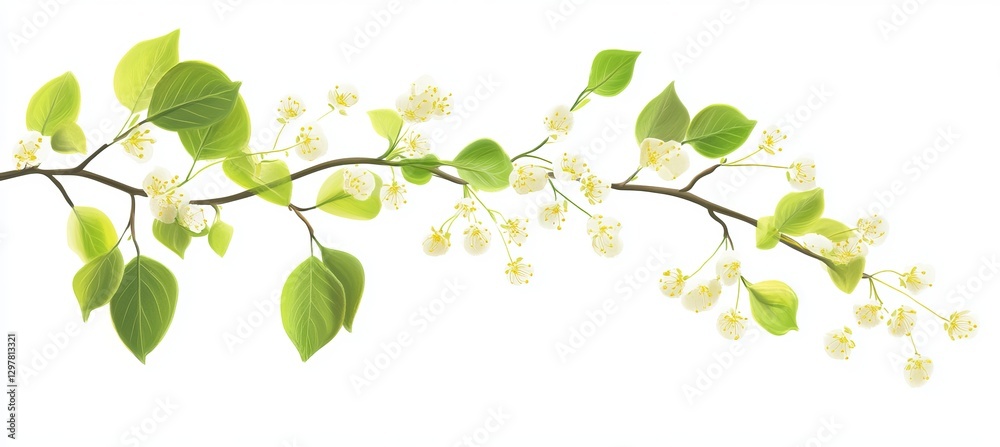 Elegant Spring Branch Delicate White Blossoms Green Leaves Floral Design Botanical Illustration Nature Springtime Freshness Vibrant Greenery Detailed Elegant Spring Branch Delicate White Blossoms Green Leaves Floral Design Botanical Illustration Nature Springtime Freshness Vibrant Greenery Detailed