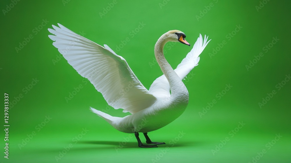 Obraz premium Elegant swan displaying its majestic wings against a vibrant green backdrop