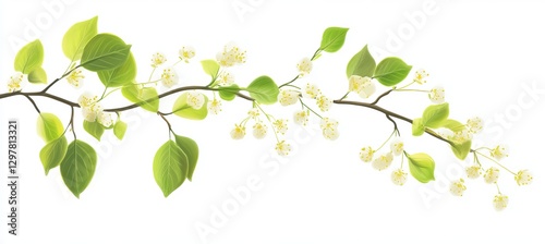 Wallpaper Mural Elegant Spring Branch Delicate White Blossoms Green Leaves Floral Design Botanical Illustration Nature Springtime Freshness Vibrant Greenery Detailed  Torontodigital.ca