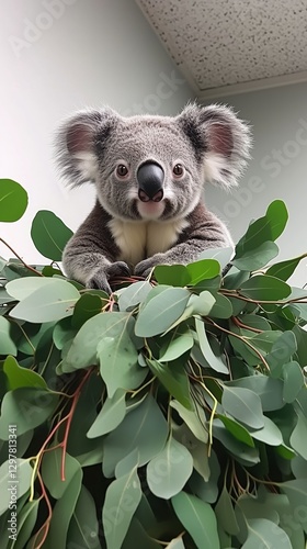 Koala Resting on a Branch Surrounded by Lush Green Leaves and Vibrant Yellow ...
