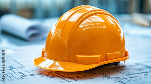 Construction Plans and Safety Helmet on a Workbench in a Busy Workshop During...
