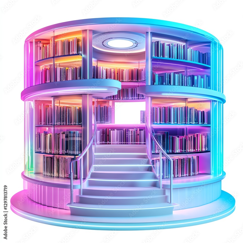 Colorful modern library with bookshelves and spiral staircase. Colorful modern library with bookshelves and spiral staircase.