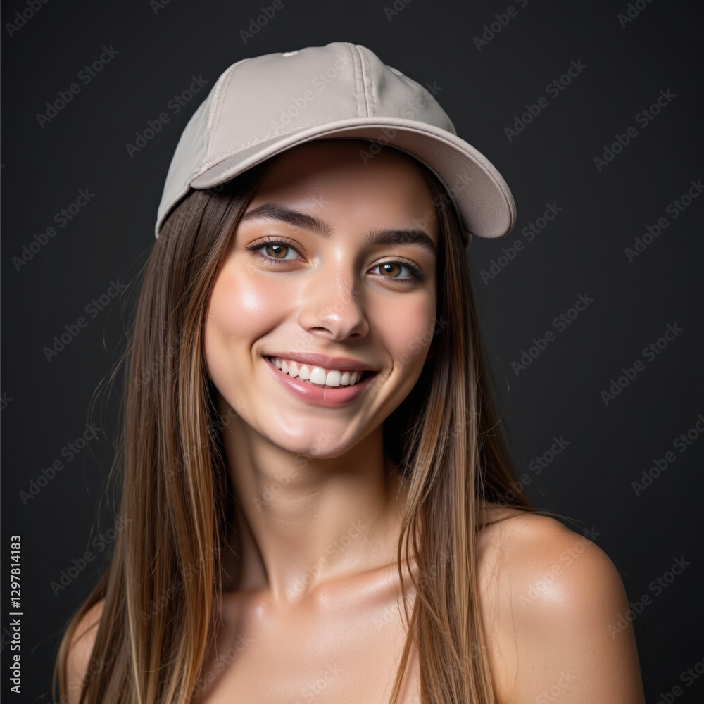 Portrait of a Young Caucasian Woman with Long Hair Wearing a Cap, Smiling Against a Dark Background, Capturing a Moment of Youthful Confidence and Joy in a Studio Setting Portrait of a Young Caucasian Woman with Long Hair Wearing a Cap, Smiling Against a Dark Background, Capturing a Moment of Youthful Confidence and Joy in a Studio Setting