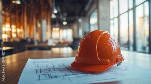 Construction Helmet Resting on Blueprints in a Modern Office Space During Day...