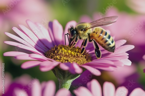 Bee Collecting Nectar From a Pink Flower in a Garden on a Sunny Day