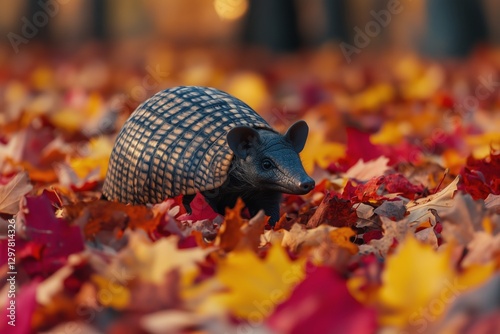 Armadillo Foraging in Colorful Autumn Leaves During a Sunny Day