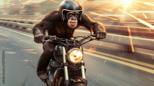 A bold chimpanzee rides a motorcycle at high speed, showcasing an exhilarating and adventurous spirit.