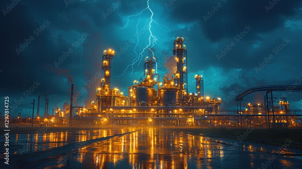Naklejka premium Dramatic night scene of an illuminated oil refinery during a powerful thunderstorm with lightning striking.