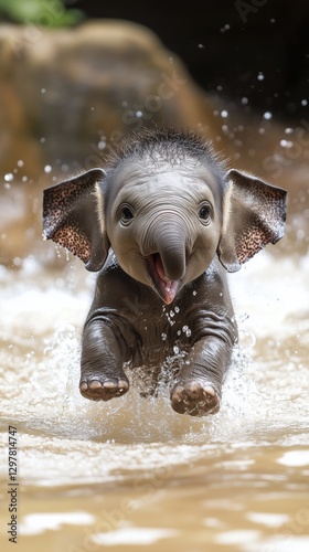 Baby Elephant Splashes Joyfully in Water While Playing During a Sunny Afternoon at a Riverbank