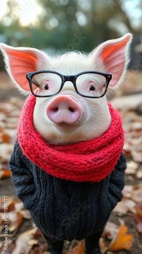 Pig Wearing Glasses and a Scarf at a Cozy Outdoor Setting During Autumn