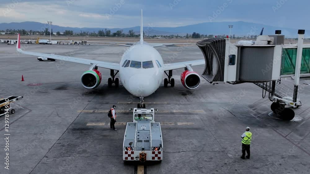 Avion detenido en el aeropuerto, conectado al pasillo de embarque, viajes y transporte