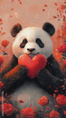 Cute Panda Holding a Heart Surrounded by Roses in a Soft and Colorful Background
