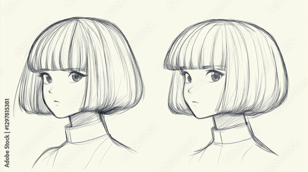 Artistic Study: Captivating illustration of two side profile of a lady with bowl cut bob hair in a sketch, capturing the essence of elegant simplicity. Artistic Study: Captivating illustration of two side profile of a lady with bowl cut bob hair in a sketch, capturing the essence of elegant simplicity.