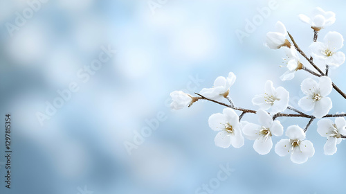 Delicate White Blossom Flowers on Brown Branch with Light Blue Sky Background