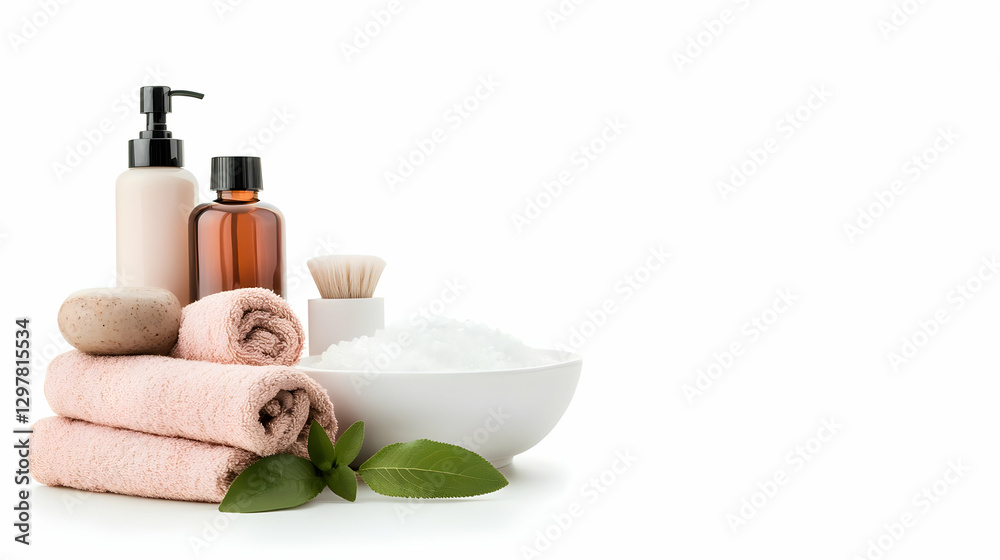 Spa Still Life Arrangement With Towels Bottles and Bath Salts Against White Background Spa Still Life Arrangement With Towels Bottles and Bath Salts Against White Background