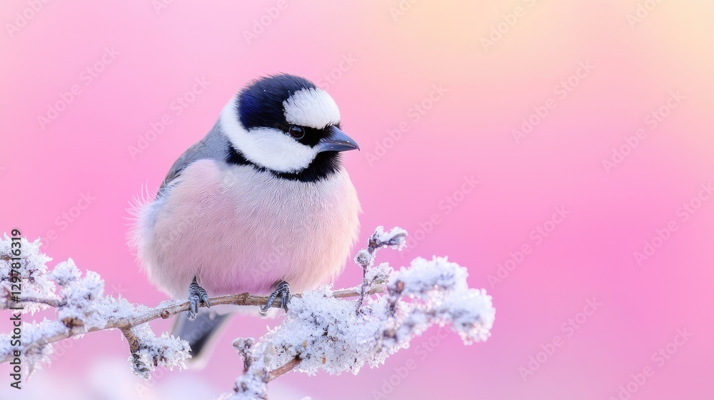 Obraz premium Pink bird winter branch frosty background nature