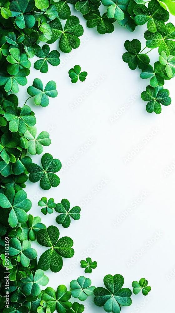 A vibrant green clover arrangement on a white background, perfect for St. Patrick's Day invitations or party decorations, offering elegance with ample copy space.