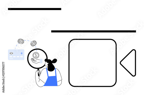 Cartoon character examining financial report with magnifying glass, credit card, and dollar coins. Large video icon beside. Ideal for finance, technology, e-commerce, business strategy, online