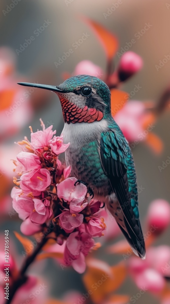 Obraz premium Colorful Hummingbird Perched on Vibrant Pink Flowers During Golden Hour in Nature