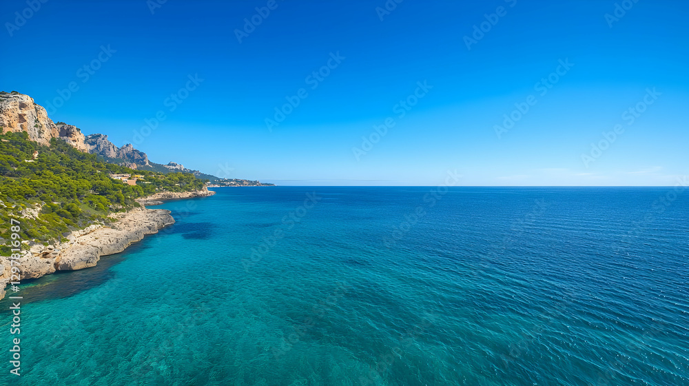 Scenic Coastal Landscape with Turquoise Waters and Blue Sky Scenic Coastal Landscape with Turquoise Waters and Blue Sky
