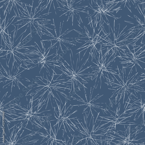 White burst seamless pattern creating a dynamic floral design on blue background, repeat, ideal for fabric, wallpaper, or surface coverings