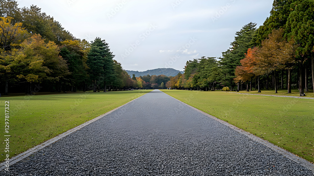 Fototapeta premium Perspective View Of An Avenue Path With Green Grass And Trees On A Sunny Day