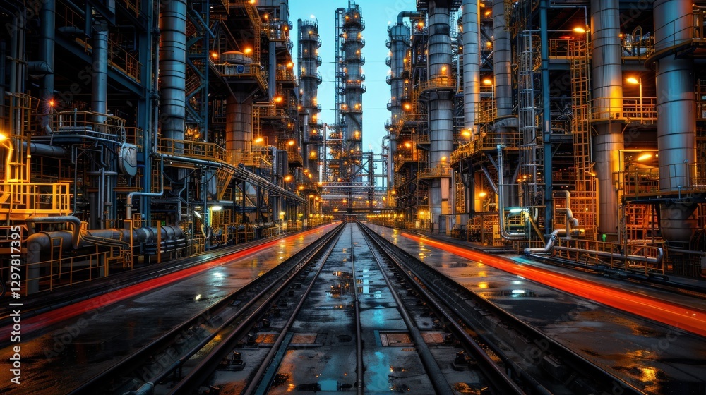 Night view of an illuminated industrial refinery complex, showcasing intricate pipelines and structures, with a railway track running through the center. Night view of an illuminated industrial refinery complex, showcasing intricate pipelines and structures, with a railway track running through the center.