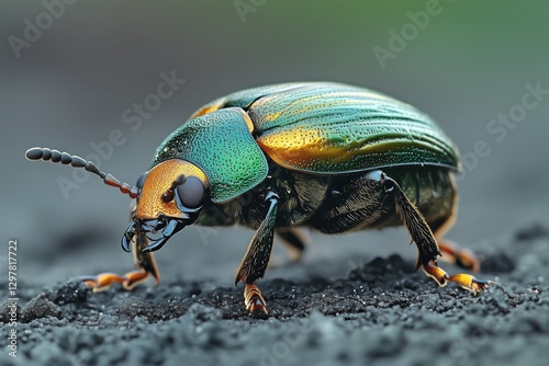 Colorful Orange Beetle Crawling on a Surface With Distinct Patterns in Natura...