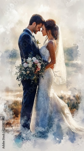 Couple Shares a Tender Moment During Their Outdoor Wedding Ceremony at Sunset...