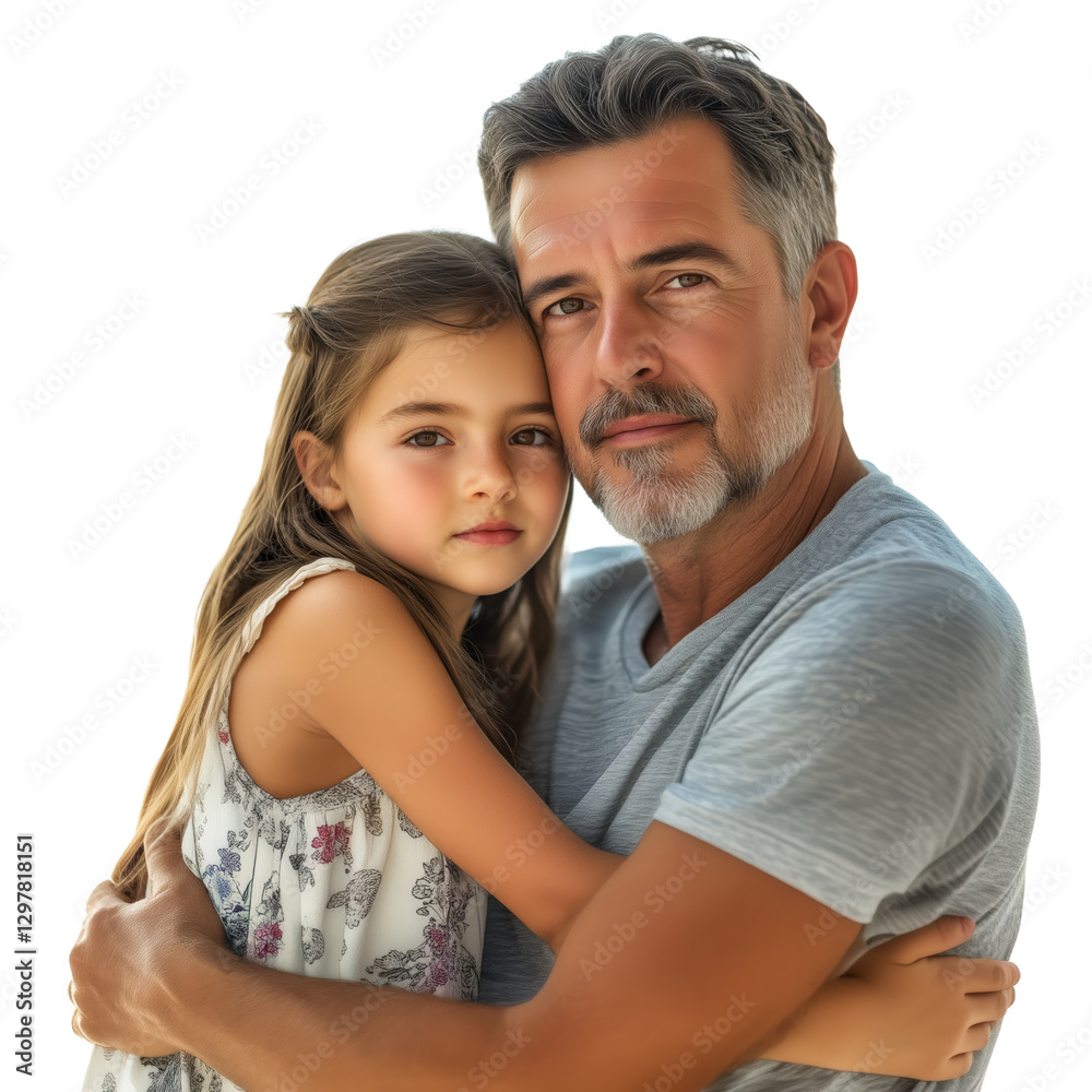 Fototapeta premium Father with his daughter, hugging each other and smiling at the camera against isolated transparent background.