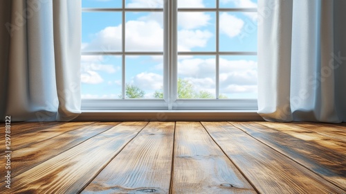 A cozy minimalist room with a large window  soft curtains  warm wooden flooring  and plenty of natural light