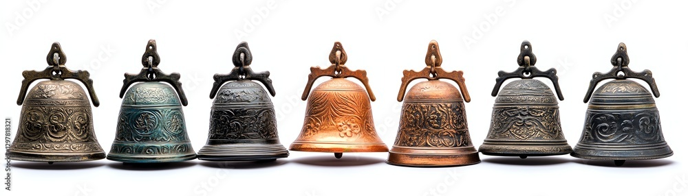 Collection of decorative bells with varied textures on a white isolated background. Collection of decorative bells with varied textures on a white isolated background.