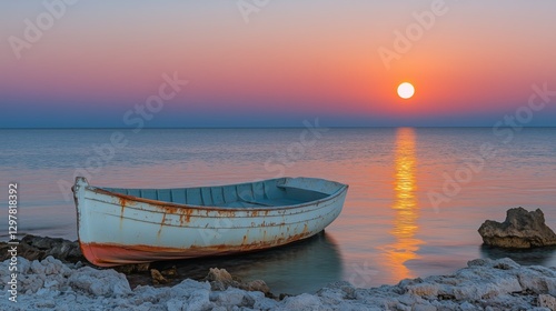 Mountain Lake at Sunset With a Rustic Boat Resting on the Shore