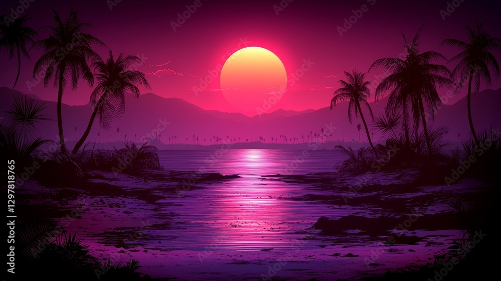 Naklejka premium Pixelated Tropical Escape Synthwave Sunset Over Retro Ocean Horizon Palm Trees and Distant Mountains Serene Vaporwave Aesthetic