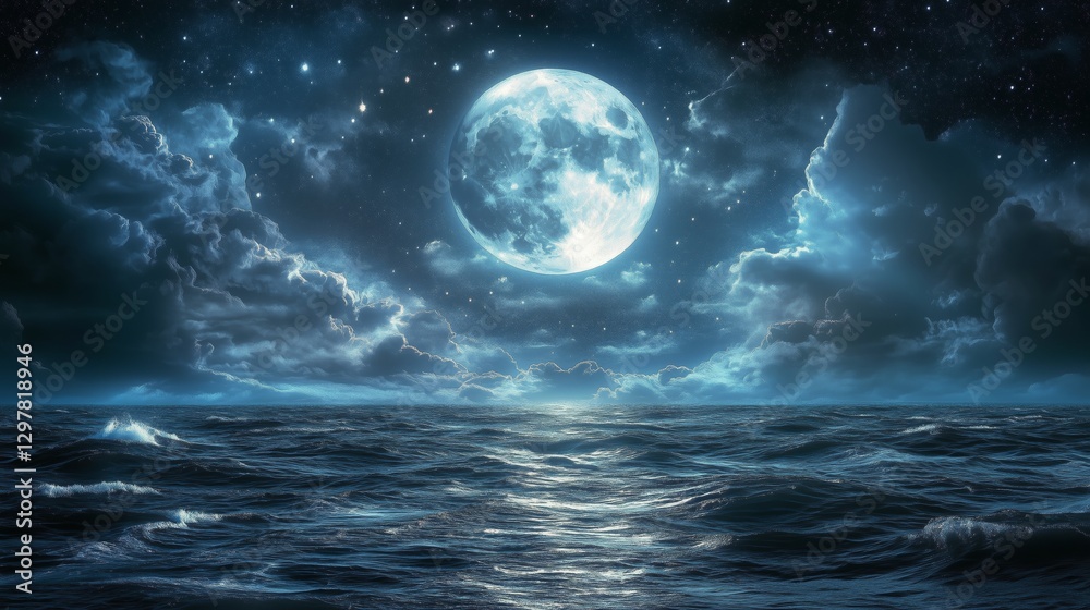 Bright Full Moon Illuminating Calm Ocean Waters at Night Bright Full Moon Illuminating Calm Ocean Waters at Night
