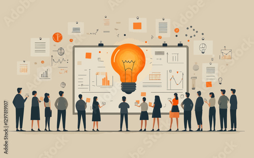 Business Workshop Concept: Cartoon Vector Illustration of Diverse Team Collaborating Near Sticky Notes Board – Isolated on Background