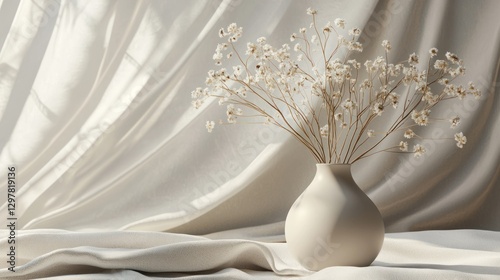 A modern ceramic vase with a smooth glaze, holding minimalist dried floral arrangements