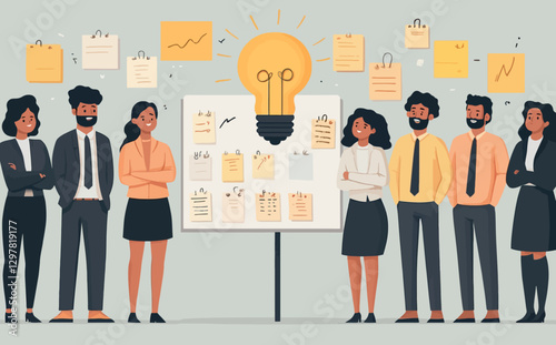 Business Workshop Concept: Cartoon Vector Illustration of Diverse Team Collaborating Near Sticky Notes Board – Isolated on Background