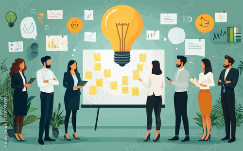 Business Workshop Concept: Cartoon Vector Illustration of Diverse Team Collaborating Near Sticky Notes Board – Isolated on Background