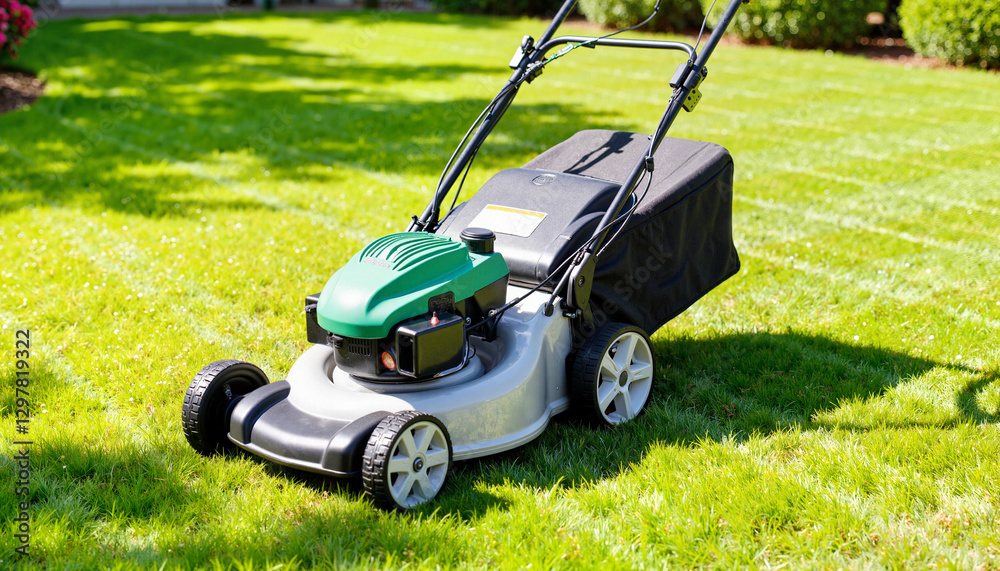 Fototapeta premium Electric lawn mower on green lawn in bright sunlight, gardening efficiency