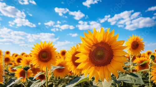 Beautiful sunflower field on the background of a blue sky with clouds. Field of beautiful big yellow sunflowers. Big group with lots of sunflowers.