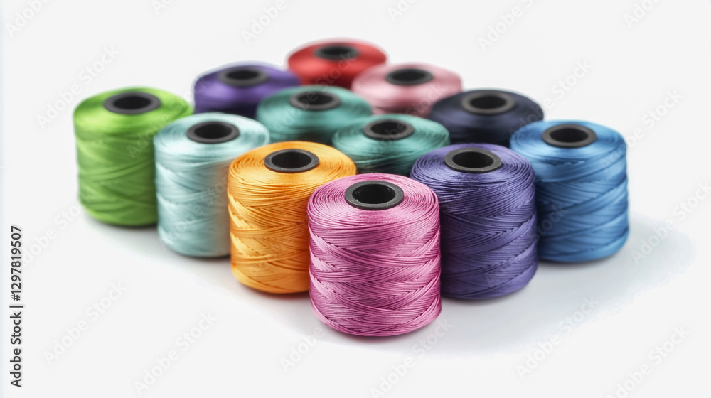 Close-up of vibrant spools of sewing thread in a variety of colors, neatly arranged on a white background Close-up of vibrant spools of sewing thread in a variety of colors, neatly arranged on a white background