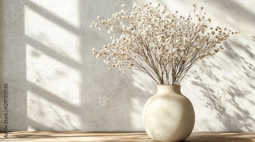 A modern ceramic vase with a smooth glaze, holding minimalist dried floral arrangements