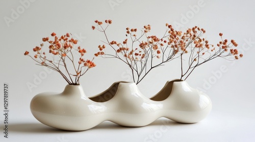 A modern ceramic vase with a smooth glaze, holding minimalist dried floral arrangements