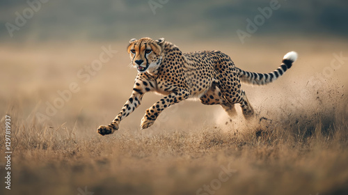 A majestic cheetah sprinting through an open savanna, mid-stride, frozen in time against a muted earth-tone background