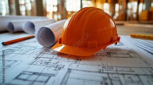 Construction Site Tools and Equipment on Blueprints During a Project Planning...