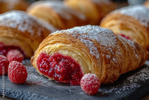 Freshly Baked Raspberry Croissants on a Plate With Powdered Sugar and Fresh B...
